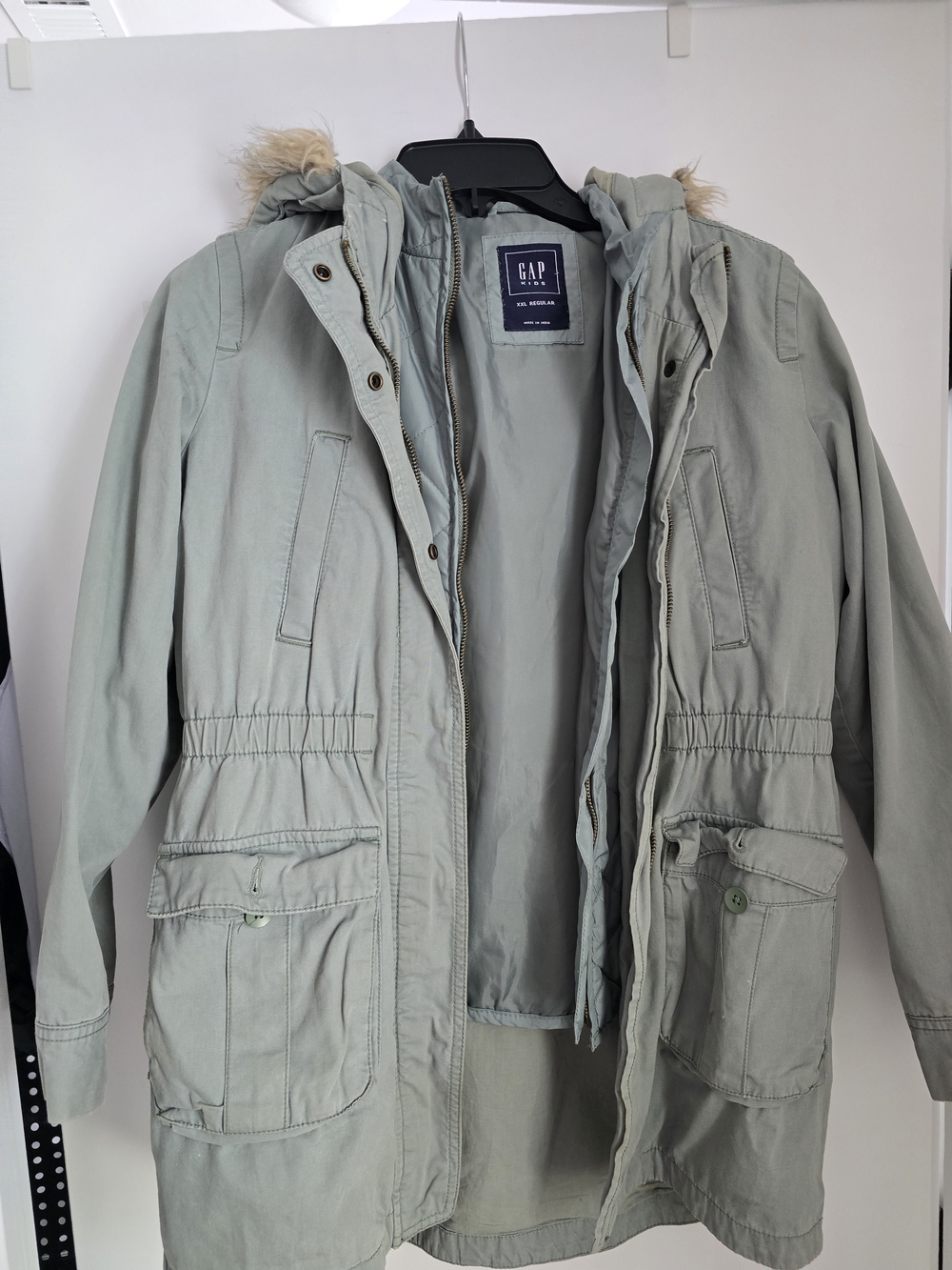 GAP Kids Sage Green Hooded Field Jacket with Faux-Fur Trim